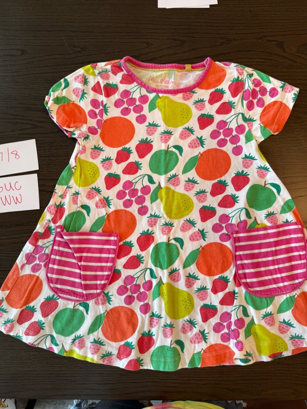 Mini Boden 7/8 Girls Fruit Print Pocket Dress - Bright Pink, Orange, Green